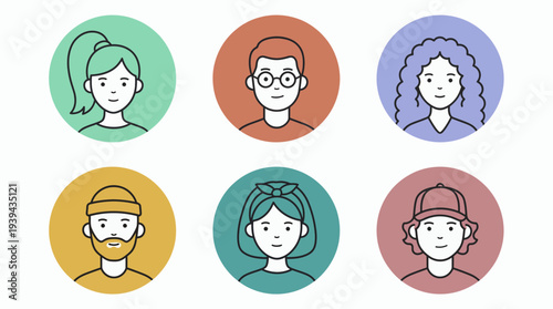 Diverse flat line art avatars representing multicultural office managers and creative team members in colorful circles, concept for human resources, profile interface and professional networking