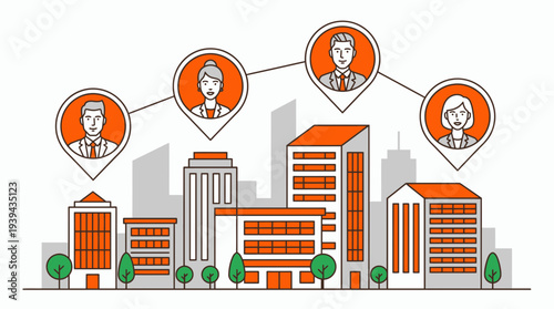 Professional business executives in location pins connected above modern city buildings, concept for corporate networking, global workforce recruitment and urban business location expansion