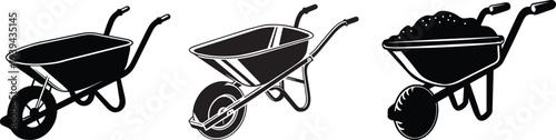 Crisp wheelbarrow silhouettes—empty and loaded—single‑wheel garden and construction carts. 