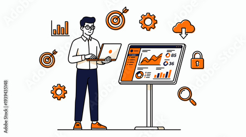 Professional financial analyst using laptop to monitor statistics on digital dashboard with floating icons, concept for business analytics, data management and strategic growth