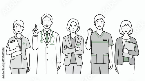 Diverse team of healthcare professionals including doctor, nurse and hospital administrator standing together in line art, concept for medical staffing, corporate insurance and human resources