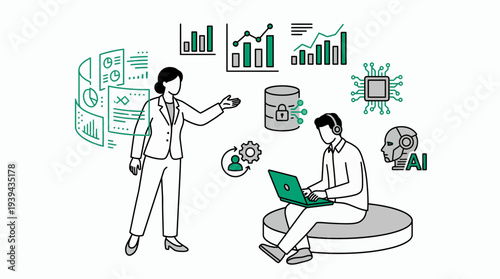 Professional female data analyst presenting digital dashboard to male software engineer with laptop and AI icons, concept for business intelligence, data science and machine learning