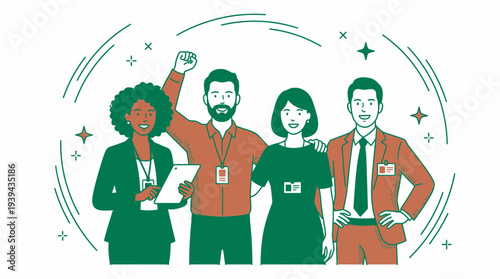 Diverse professional office team including project manager with tablet and executive celebrating victory, concept for corporate teamwork, business achievement and workplace diversity