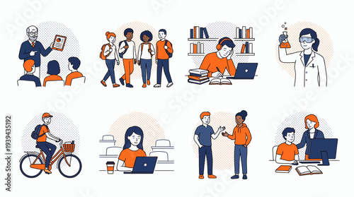 Various flat line scenes of university professor lecturing, students with backpacks, lab scientist and office manager, concept for education, career growth and research