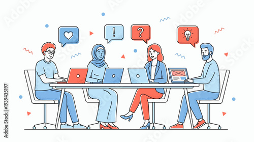 Diverse group of professional marketing managers and web designers sitting at office table with laptops, concept for corporate collaboration, startup strategy and creative digital marketing