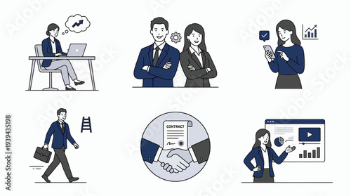 Business professional characters set featuring corporate analyst manager and executive leader working on office projects, concept for career growth, team partnership and market strategy