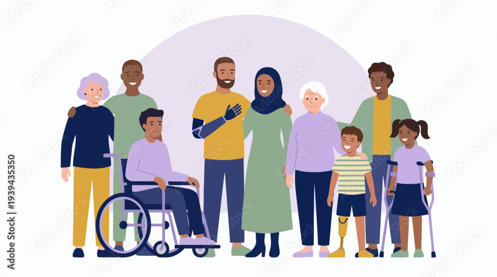 Obraz premium Diverse group of multiracial people with disabled individuals using wheelchair prosthetic limbs and crutches, concept for social inclusion, healthcare equality and community diversity