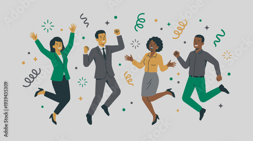Diverse corporate executives and office managers jumping for joy with confetti in flat illustration style, concept for business success celebration, team achievement and employee motivation
