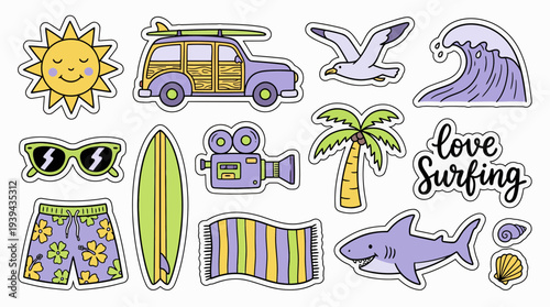 Collection of colorful summer surfing stickers featuring surf van, shark, wave and beach accessories isolated on white, concept for travel scrapbooking, summer branding and beach decorations