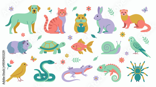 Colorful flat illustration seamless pattern of various domestic pets and exotic animals, concept for pet store banner, animal care website design and veterinary clinic advertising