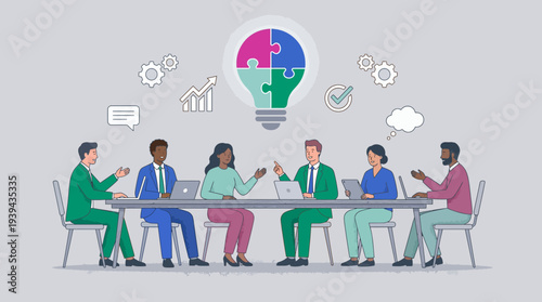Diverse project managers and creative directors brainstorming at a long table with laptops under a puzzle lightbulb icon, concept for team collaboration, brainstorming and project development