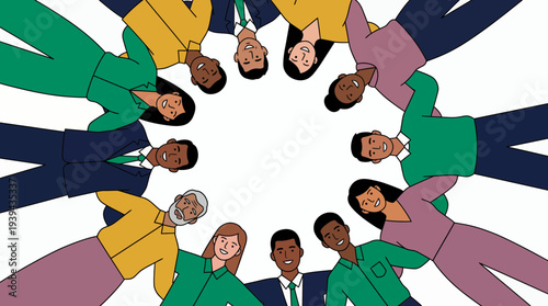 Diverse group of smiling business professionals standing in a circle, concept for team building, corporate success and staff unity