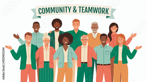 Diverse multiracial business executives, managers and office employees standing under teamwork banner, concept for corporate collaboration, workforce diversity and leadership unity