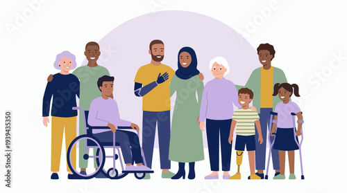 Diverse group of multiracial people with disabled individuals using wheelchair prosthetic limbs and crutches, concept for social inclusion, healthcare equality and community diversity