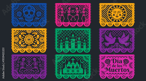 Colorful papel picado Mexican banners set with skulls skeletons candles and traditional day of the dead patterns, concept for cultural festival decoration, holiday celebration and party background