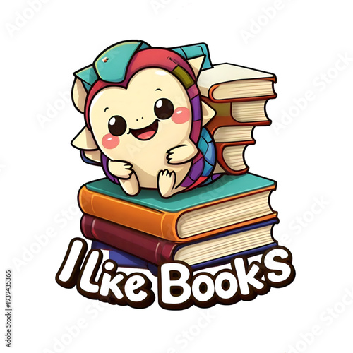 Cute Dragon on Stack of Books I Like Books Sticker Illustration