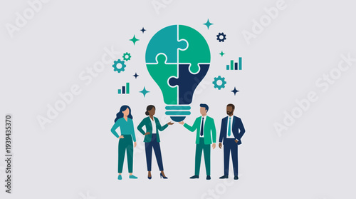 Diverse team of executive managers and directors collaborating on lightbulb puzzle, concept for business innovation strategy, corporate teamwork development and creative problem solving