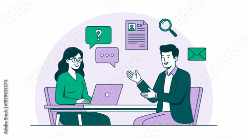 Female HR manager interviewing young male candidate at office desk with laptop and recruitment icons, concept for career recruitment, employee hiring and human resources management