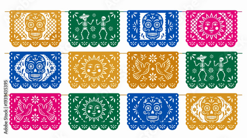 Colorful Mexican papel picado banner bunting with sugar skulls and skeletons, concept for Dia de los Muertos celebration, festive party invitation and cultural event poster design