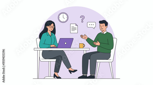 Female human resources recruiter interviewing male applicant at office desk with laptop and icons, concept for corporate recruitment, professional hiring and career opportunity