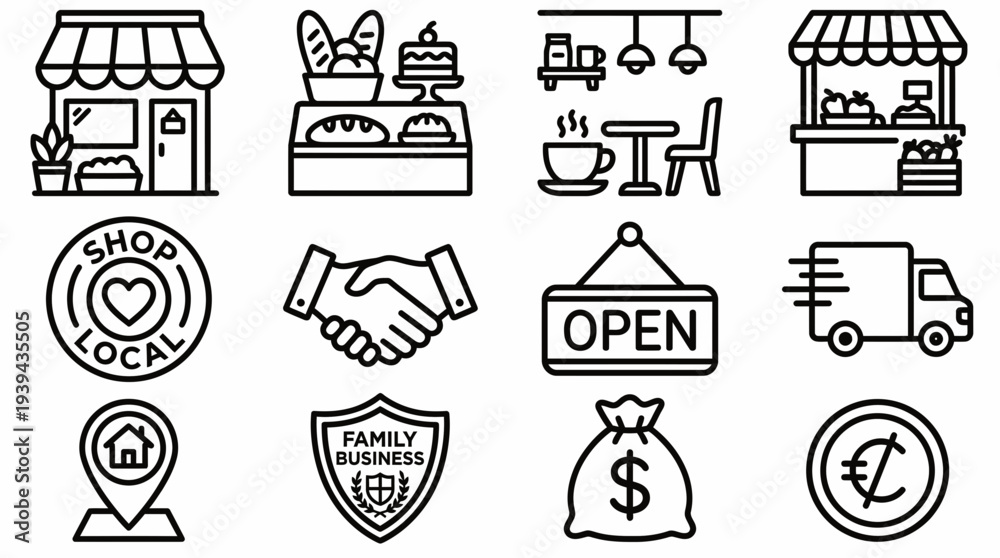 Fototapeta premium Black outline icons set of local business shop elements, retail commerce symbols and store services, concept for entrepreneurial branding, mobile app interface and marketing presentations