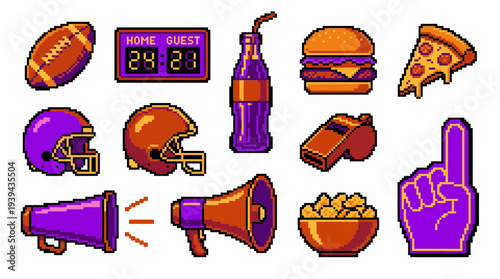 Retro pixel art collection of american football icons including helmets, scoreboard, stadium snacks and megaphone, concept for sports app design, gaming graphics and fan merchandise