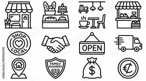 Black outline icons set of local business shop elements, retail commerce symbols and store services, concept for entrepreneurial branding, mobile app interface and marketing presentations