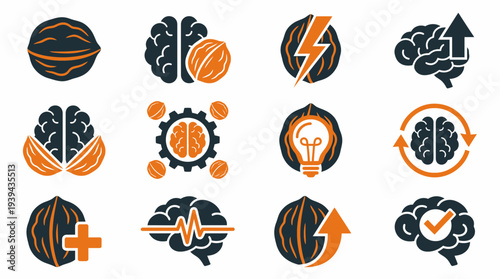 Set of minimalist walnut and brain icons illustrating cognitive health benefits, concept for nutritional supplements branding, mental wellness apps and memory enhancement marketing