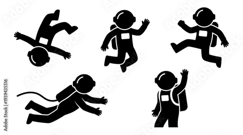 Collection of black astronaut silhouettes in floating and dynamic action poses on white background, concept for project manager, innovative marketing strategy and corporate business growth