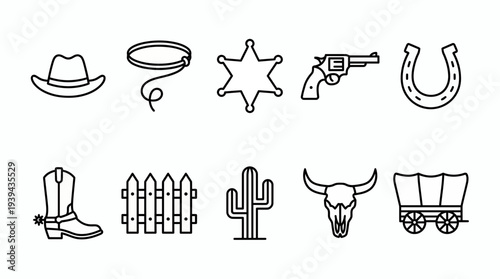 Wild west line icons set with cowboy hat lasso sheriff badge revolver horseshoe boot cactus skull and wagon on white background, concept for western design educational use and branding