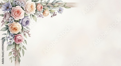 Floral corner arrangement with pastel roses and greenery on soft background, watercolor, copy space  