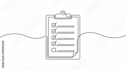 Continuous one line drawing of a clipboard with a checklist and checkmarks on white background, concept for project management, productivity tracking and business task completion
