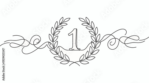Continuous one line drawing of laurel wreath with number one and elegant swirl decoration on white background, concept for business achievement, winner award and leadership success