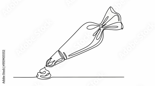 Continuous line drawing of a professional pastry piping bag with cream nozzle squeezing out frosting, concept for bakery logo, cake decorating business and culinary art promotion