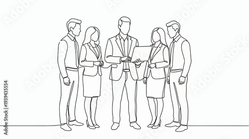 Continuous line drawing of project managers and financial consultants collaborating over a laptop in a formal office setting, concept for corporate leadership, team strategy and business presentation