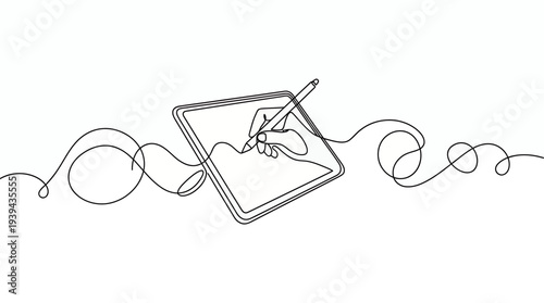 Continuous line art of digital designer hand drawing with stylus on tablet with wavy strokes, concept for creative workspace, professional digital art and modern graphic design studio