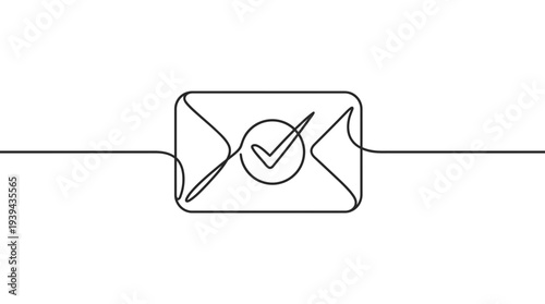 Minimalist continuous line drawing of a mail envelope with a checkmark symbol on white background, concept for email verification, successful message delivery and digital marketing communication
