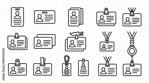 Selection of professional ID badge line icons representing office staff and executive manager identities, concept for corporate security, staff identification and office access management