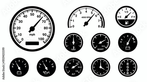 Set of minimalist black car dashboard gauge icons including speedometer tachometer fuel and oil dials on white, concept for automotive UI design, vehicle monitoring, transport infographics