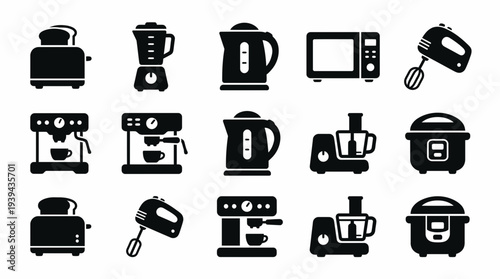 Minimalist black modern kitchen appliance icon set including toaster kettle microwave and blender on white, concept for household equipment, culinary website and electronic shop branding