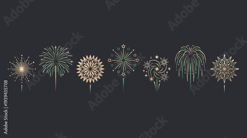 Collection of stylized minimalist fireworks icons and festive pyrotechnic bursts on dark background, concept for new year celebration, luxury party invitation and annual event decoration