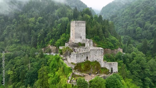 Historical Zilkale (Zil Kale) Castle located in Camlıhemsin, Rize and Kackar Mountains in the background