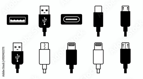 Set of universal serial bus connector icons including USB Type-A, Type-C, Micro USB and Lightning ports on white, concept for hardware interface, device charging and data transfer equipment
