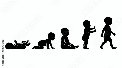 Silhouette of baby developmental stages from newborn lying down to crawling and walking on white background, concept for child growth milestones, parenting education and healthcare progress