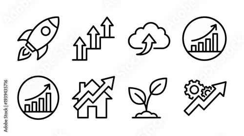 Collection of professional business growth and success line icons featuring rocket, financial charts and real estate progress, concept for corporate strategy, financial planning and startup expansion
