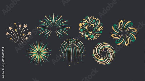 Collection of elegant green and gold firework icons in various starburst and spiral patterns on dark background, concept for luxury holiday celebrations, greeting cards and festive branding