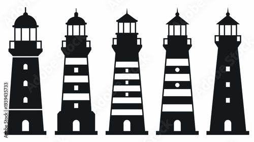 Set of five minimalist black lighthouse silhouette icons isolated on white background, concept for maritime navigation logo, coastal tourism branding and nautical architectural design