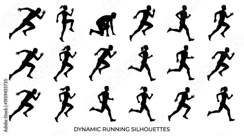 Male and female executive silhouettes running in various sprinting poses on white background, concept for business competition, leadership career growth and corporate success motivation