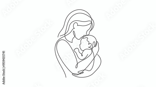Minimalist continuous line drawing of mother embracing and kissing her newborn baby on white background, concept for motherhood greeting cards, maternity branding and parenting illustrations
