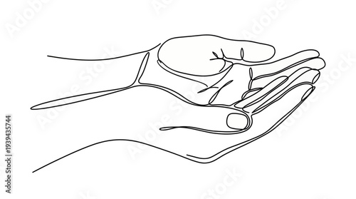 Minimalist continuous line drawing of cupped hands offering or receiving gesture, concept for charity donation, support service advertisement and wellness brochure design